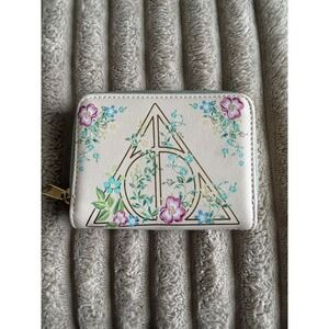 Loungefly Harry Potter Deathly Hallows Floral Zip Around Wallet Cream Sage Green